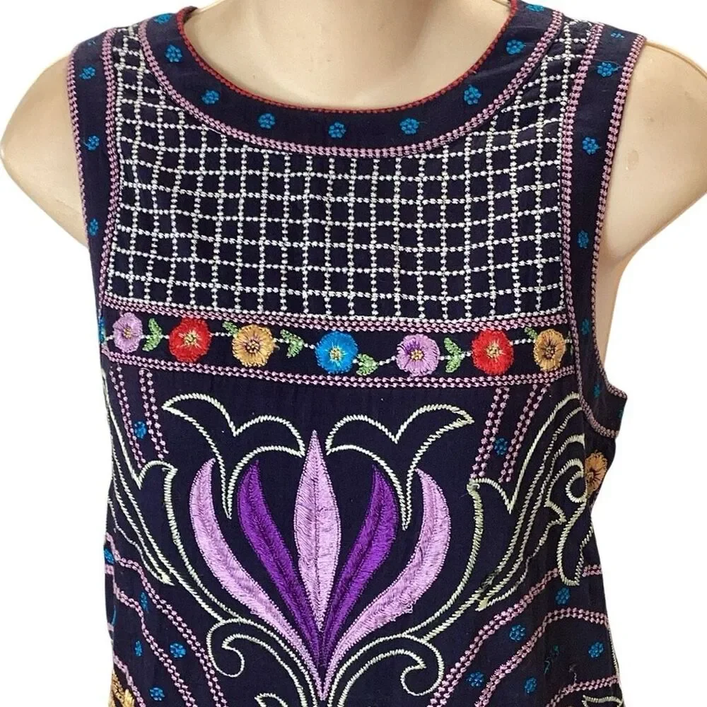 Maeve Anthropologie Kira Navy Floral Embroidered Print Sleeveless Shift Dress Sz - Picture 4 of 11